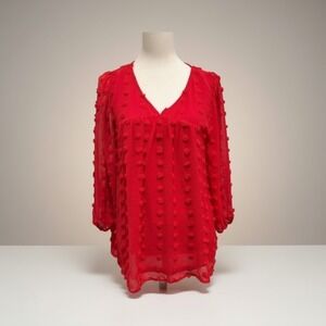 Jodifl‎ Blouse Pom Pom Textured V Neck 3/4 Sleeve Top Red - Size Medium NEW